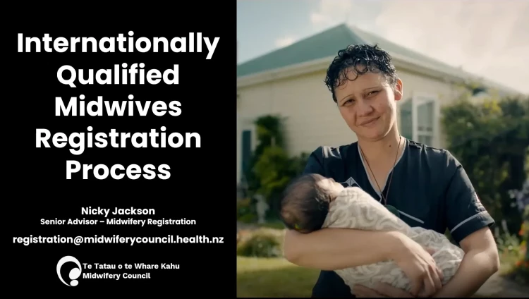 The registration process for internationally qualified midwives. Includes a photo of a midwife carefully holding a newborn baby in front of a house. 